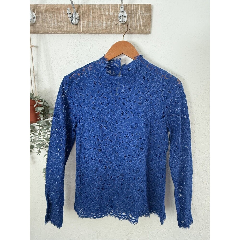 J. Crew Mockneck Floral Lace Mock Neck Baroque Blue Top Size 4 Elegant Feminine
